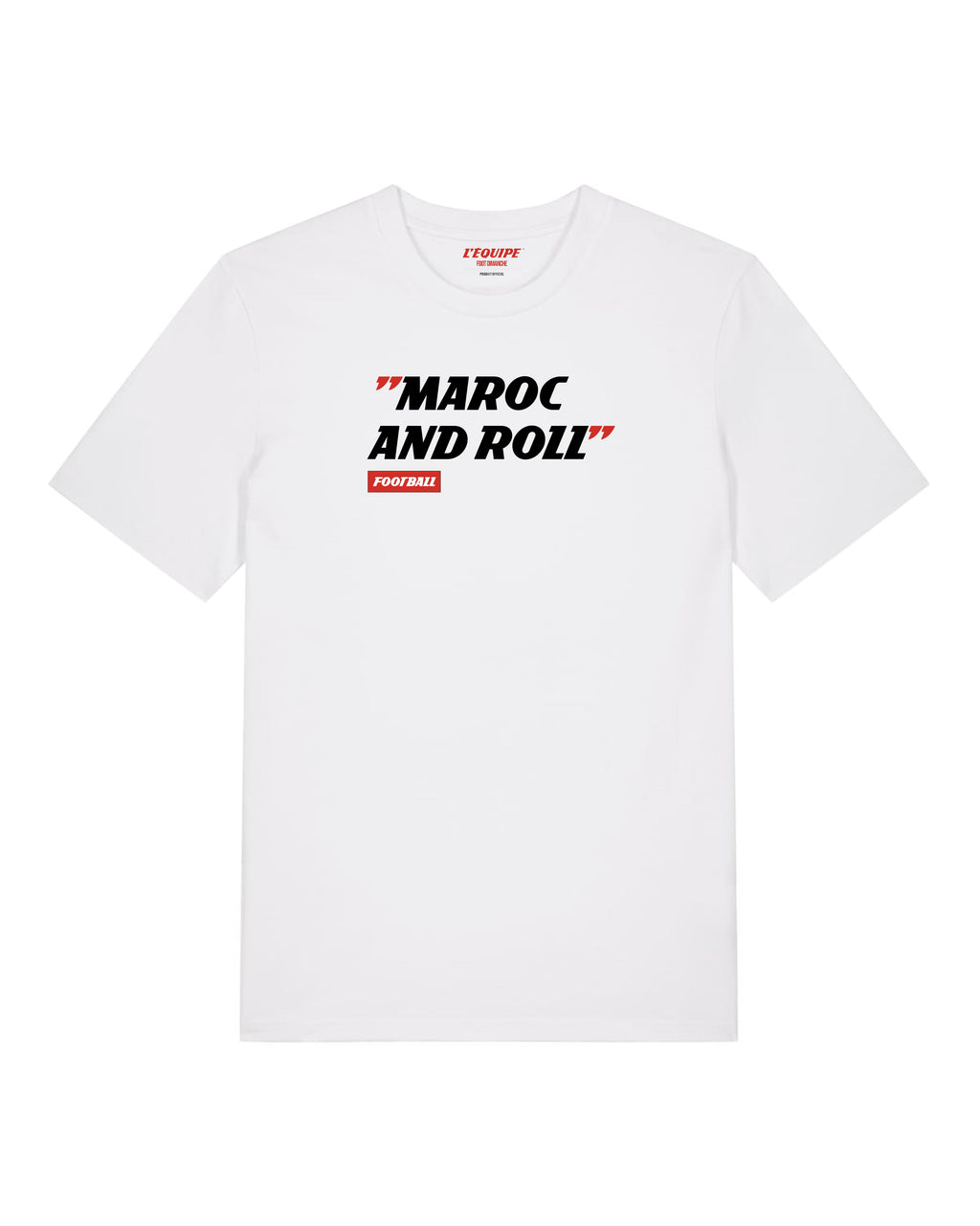 T-shirt blanc en coton Foot Dimanche avec inscription Maroc and Roll en noir et rouge sur la poitrine