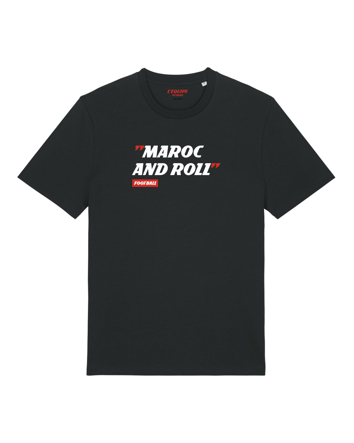 T-shirt noir Foot Dimanche en coton avec inscription Maroc and Roll et logo L'Equipe sur la poitrine