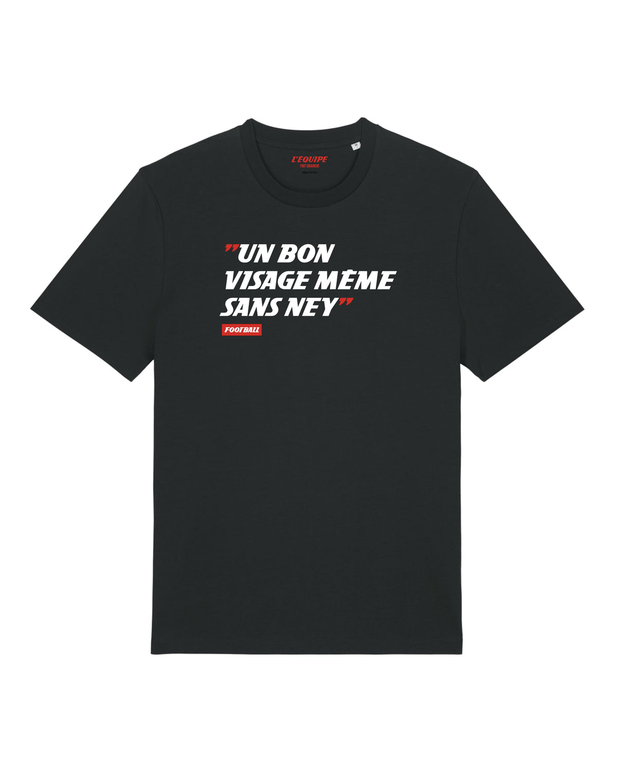 Foot Dimanche black cotton t-shirt featuring the white text Un Bon Visage même sans Ney and a red Football label
